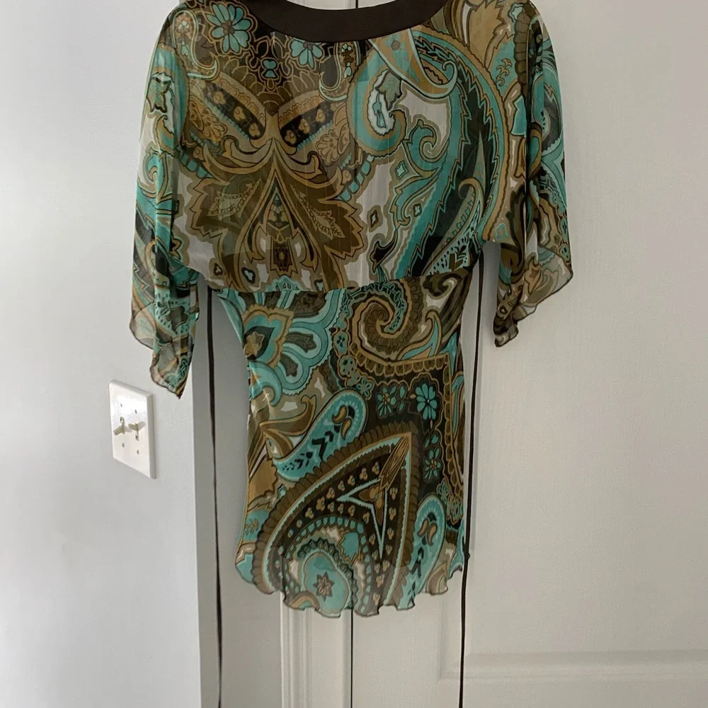 Rampage Teal and Brown Paisley Sheer Blouse - Picture 2 of 6
